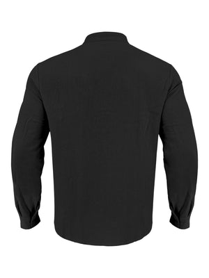 Black cotton band-collar button-down shirt, long sleeves, casual fit