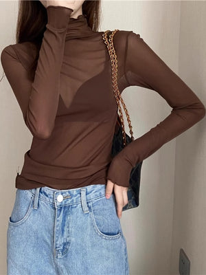 Turtleneck Long Sleeve Slim Fit T-Shirt in Apricot with sheer
