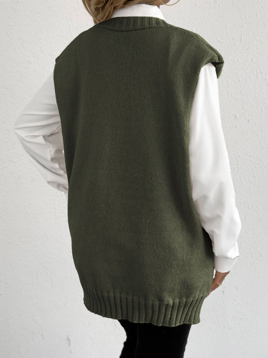 V-Neck Button-Front Knit Sweater Vest in Black