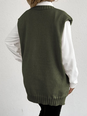 V-Neck Button-Front Knit Sweater Vest in Black
