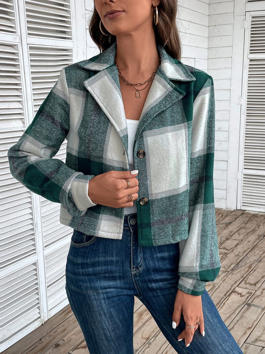 Green plaid cropped shirt jacket with statement collar and button front.