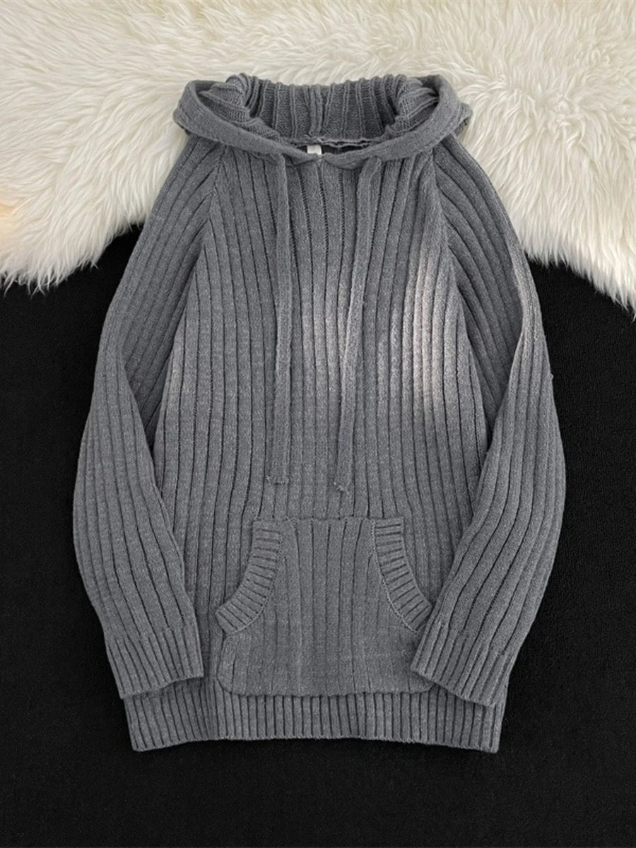 Gray ribbed knit hooded sweater with drawstring and front pocket.