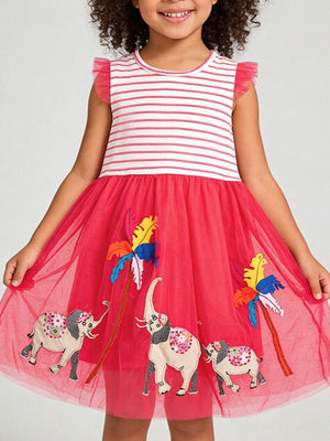 Toddler red tulle dress with embroidered elephants and palm trees, striped bodice