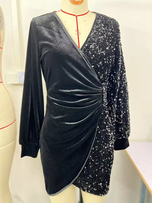 Velvet Sequin Long Sleeve Wrap Dress in Gold