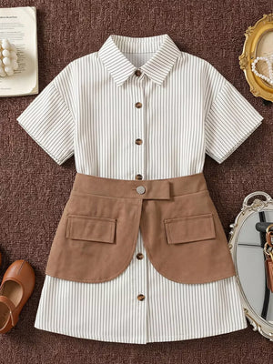 Khaki Children's Striped Shirt Dress With Belly Band