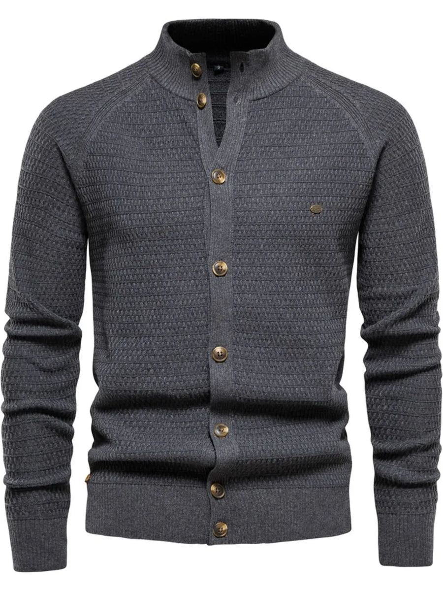 Dark Gray textured knit stand collar cardigan with button closure