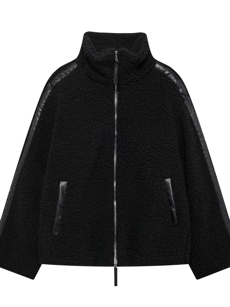 modern sherpa jacket in Off White with mock neck