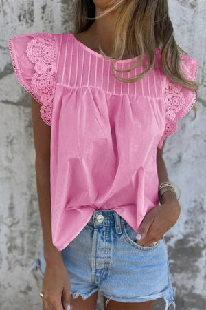 Pink cotton shirt with lace flutter sleeves and pintuck detail