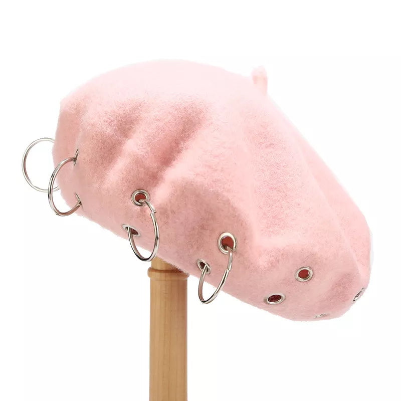 Metal Ring Embellished Beret Hat in Khaki with metal rings