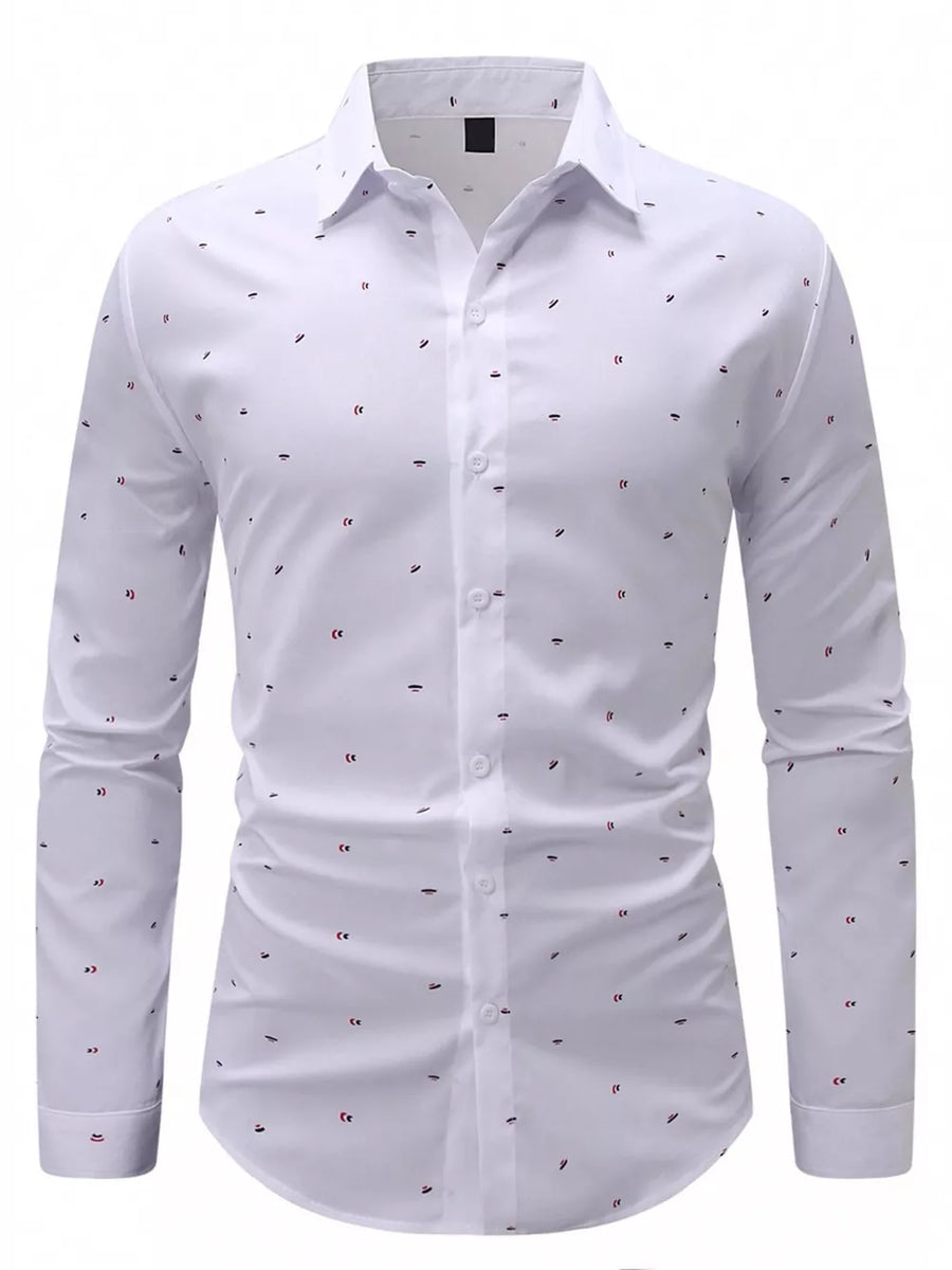 White button-up shirt featuring button cuffs and abstract print