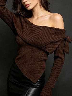 dark brown off-shoulder top with ribbed and off-shoulder