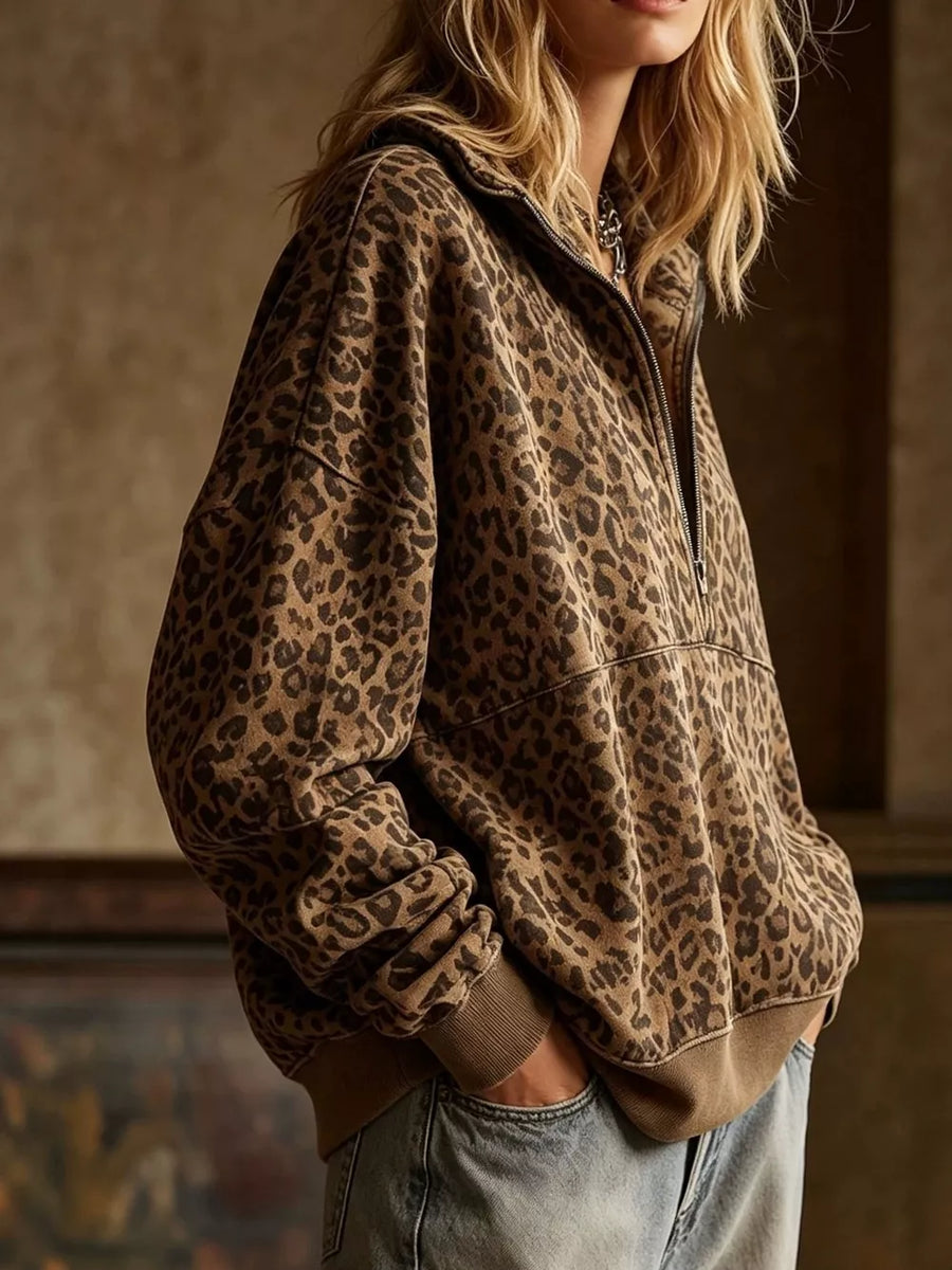 dark brown sweatshirt featuring zipper and leopard