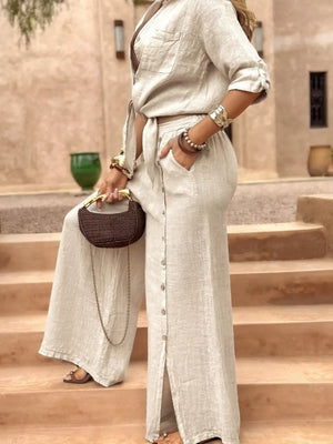 Full Size Button Up Shirt And Wide-leg Pant Set Plus Size in Green with tied