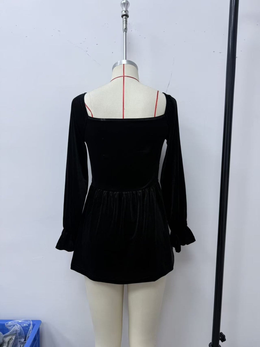 Black flared peplum top with square neck
