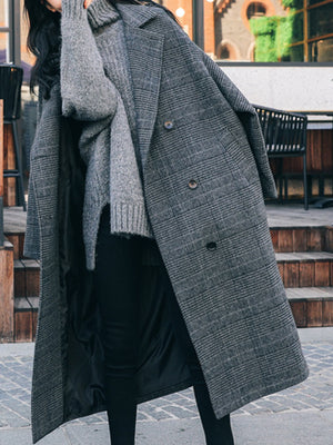 charcoal overcoat with plaid and notch lapel