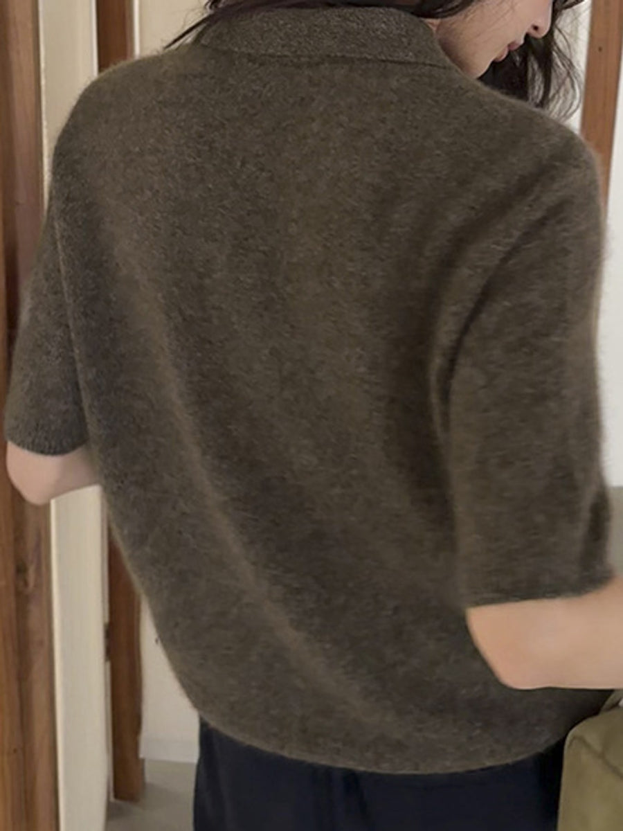 Wool Short-Sleeve Knitted Polo Shirt in Beige with ribbed hem