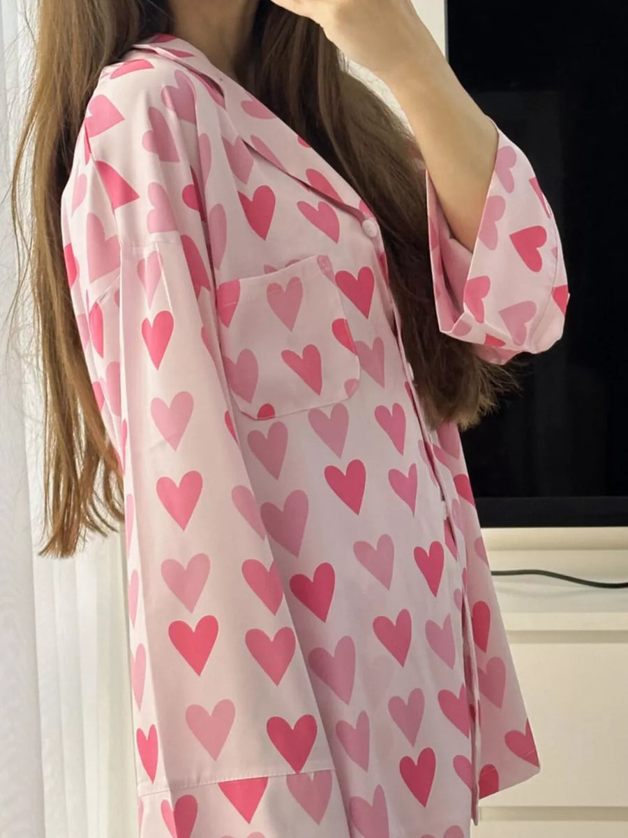 light pink pajama set with full-length and button-front