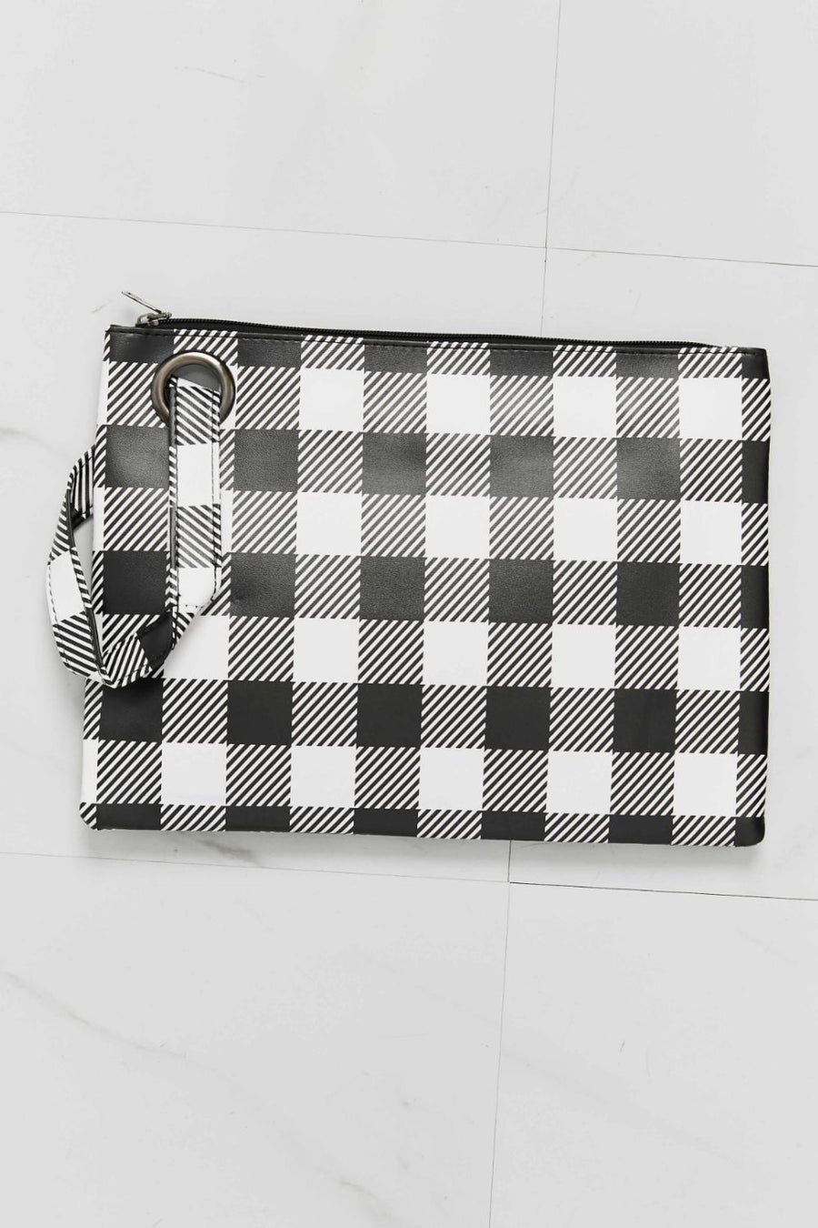 Black and white gingham wristlet pouch with metal ring detail