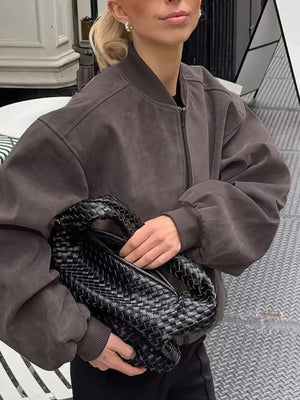 Dark Gray bomber jacket with hip-length and zip-front