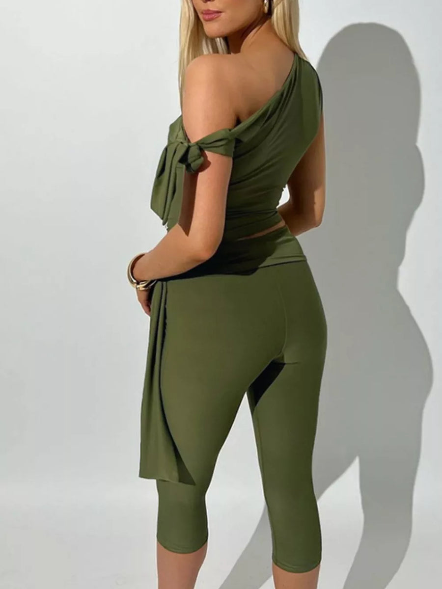 Olive green one-shoulder tie-knot top and capri pants set with draped detail
