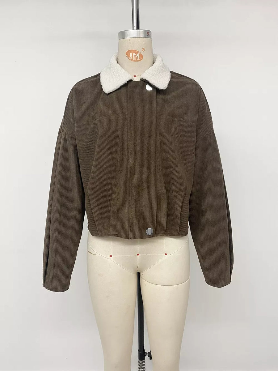 Contrast Sherpa Collar Corduroy Zip Up Jacket in dark brown with sherpa collar