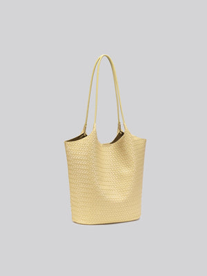 tote featuring woven texture in pale yellow with PU Leather Imported Size & texture