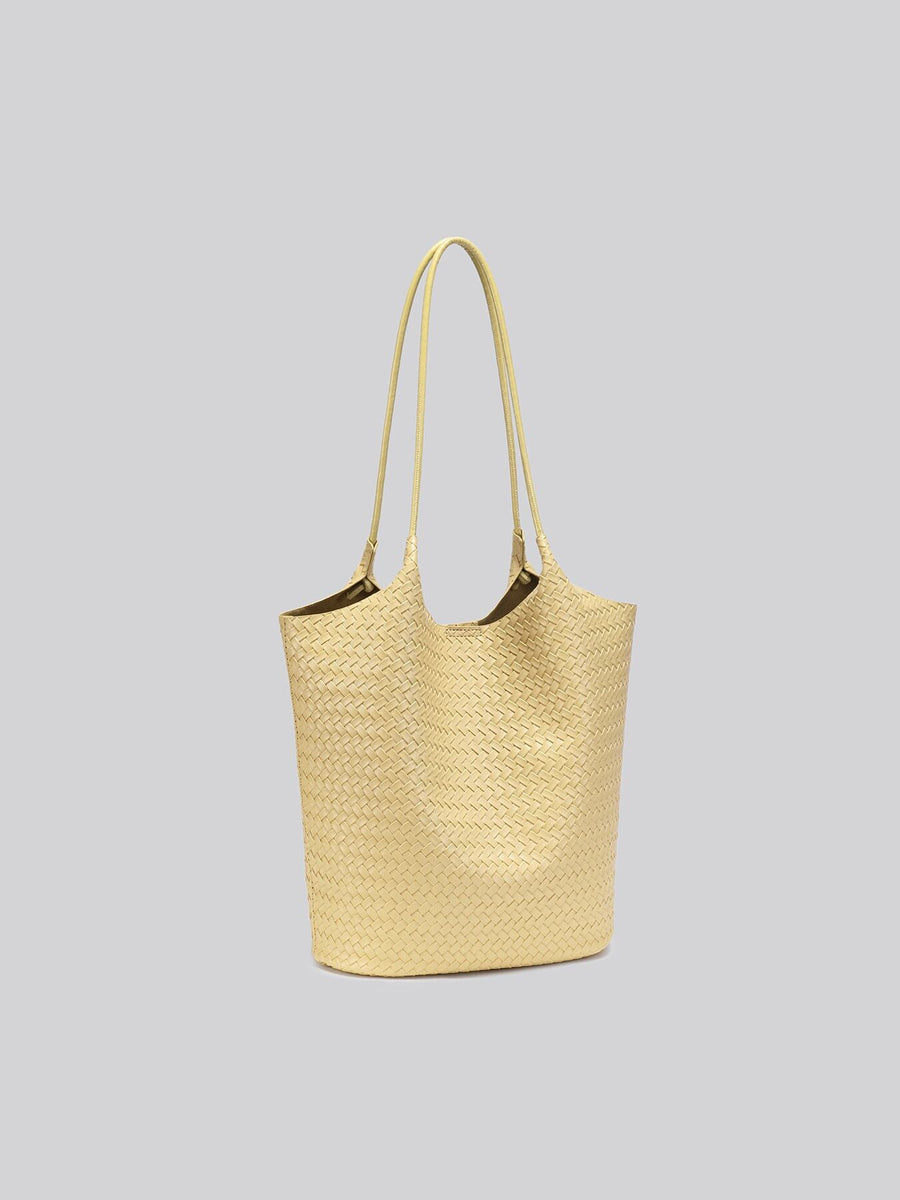 tote featuring woven texture in pale yellow with PU Leather Imported Size & texture