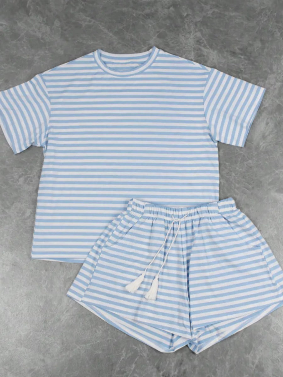 Blue striped tee and drawstring shorts with tassels, casual loungewear ensemble.