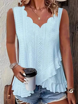 V-neck Eyelet Ruffled Tank Top in White