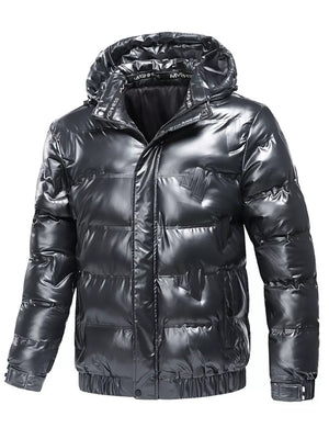 Men's reflective hooded puffer coat in dark gray with a shiny finish and elastic cuffs.
