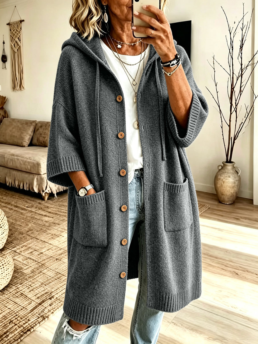 Relaxed Hooded Button-Down Knit Cardigan With Pockets in Gray with hooded