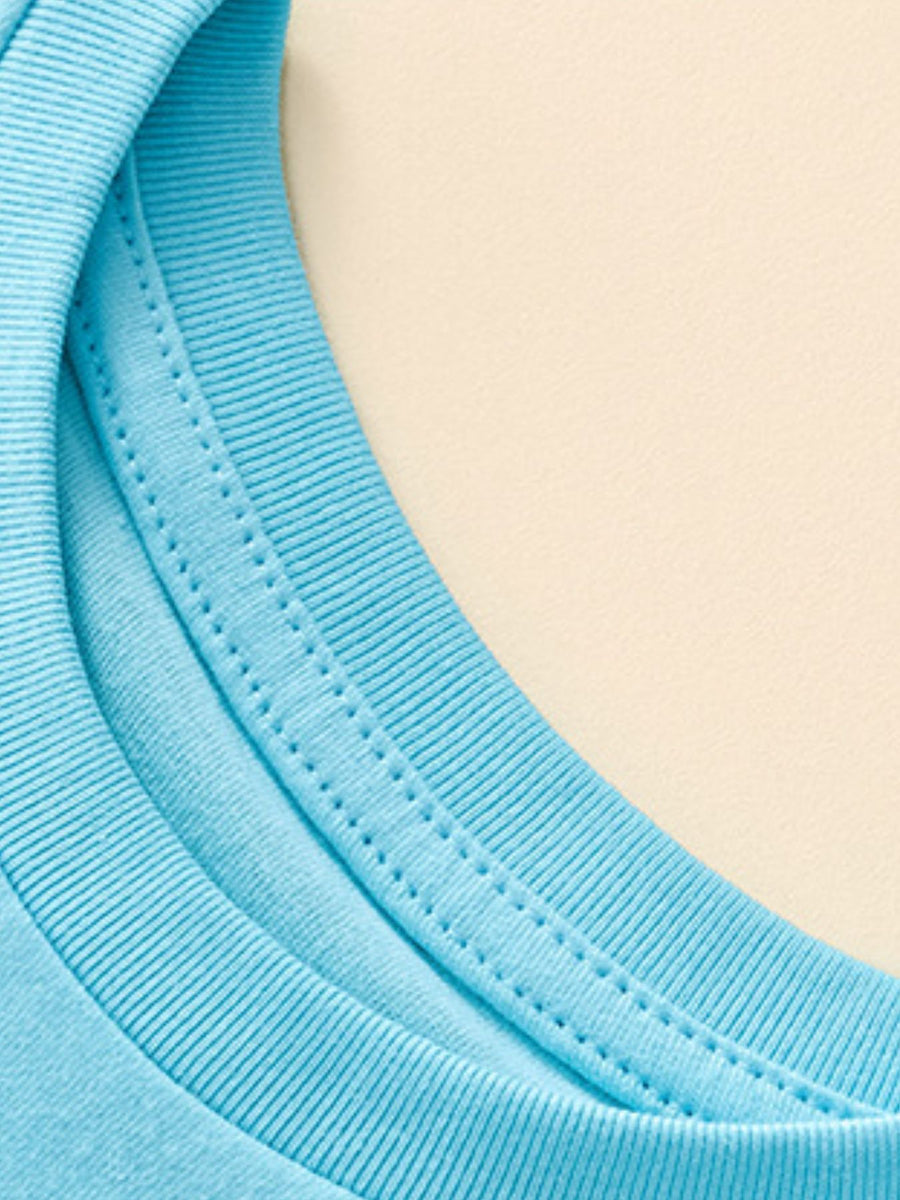 Blue cotton toddler t-shirt neckline detail with double stitching.