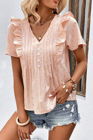 Watermelon pink dotted ruffle front button-down blouse with pintuck detail.