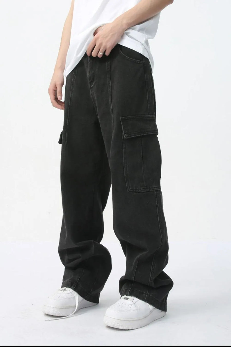 Dark wide-leg denim cargo pants with utility pockets