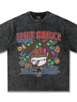 Dark gray graphic tee with bold print and relaxed fit.