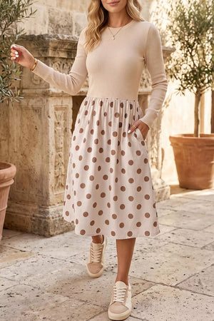 beige midi dress with polka dot and round neck