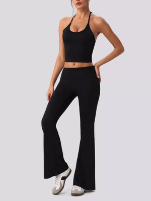 Halter Neck Cami And Flare Leggings Set in Ivory with tied