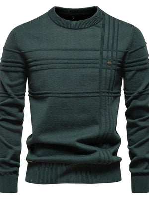 Dark Green crewneck knit sweater with textured horizontal and vertical panels and a button detail.