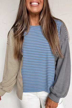 Dusty Blue Color Block Striped Sweatshirt