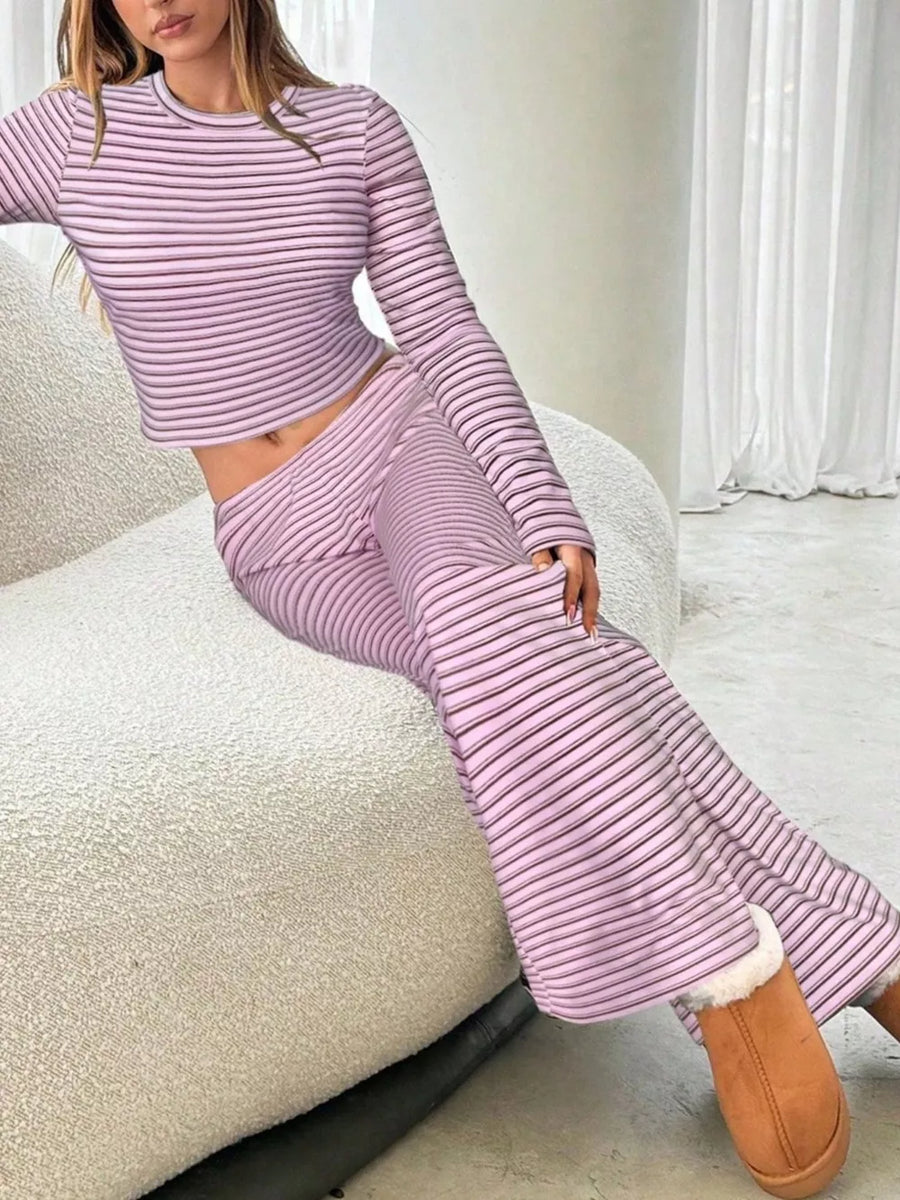 Coffee Brown slim top with wide-leg pants two-piece set with crew neck