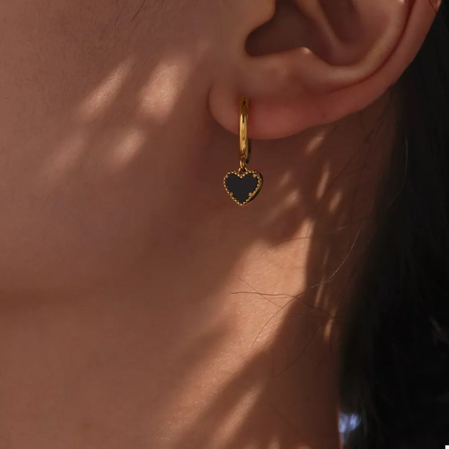 18k Gold-plated Hoop Earrings With Heart Pendant in black with gold-plated