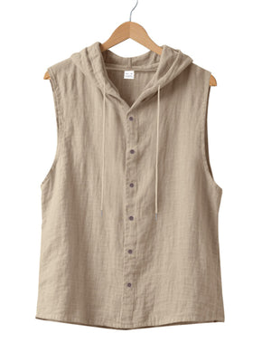 Men's light khaki cotton hooded sleeveless shirt with button front and drawstring.