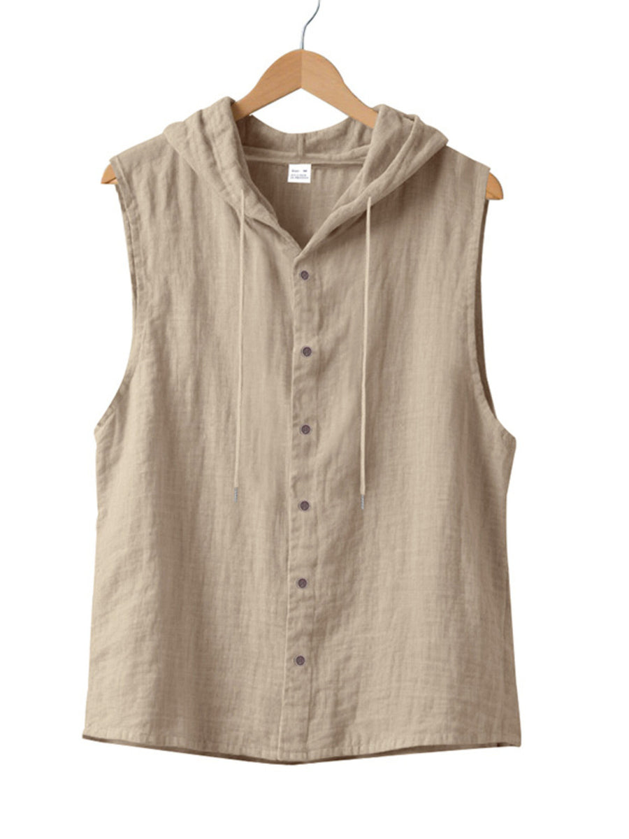 Men's light khaki cotton hooded sleeveless shirt with button front and drawstring.