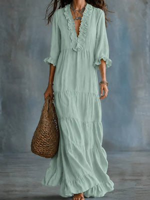 White A-line maxi dress with v-neck