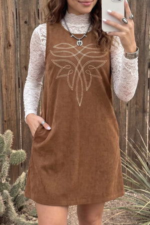 Brown with Geometric Embroidery Sleeveless Corduroy Shift Dress