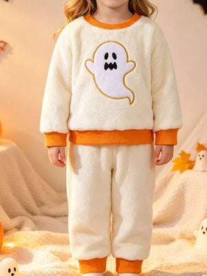 cream pajama set with graphic-print and crew neck