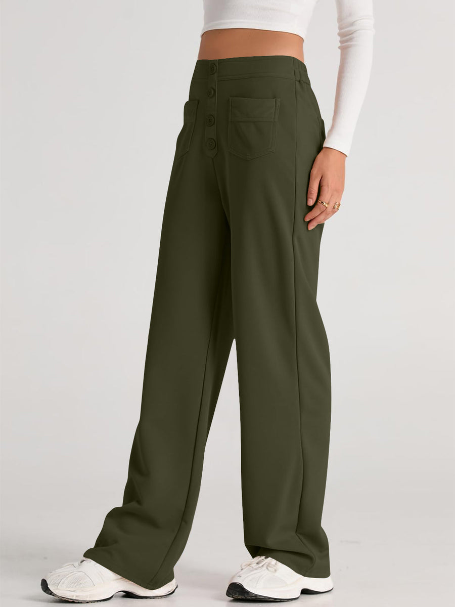 Button-front palazzo trousers in Gum Leaf green with wide legs and pocket details.