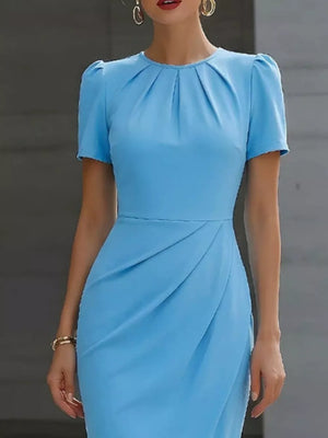 Blue midi dress with ruched waist and pleated neckline