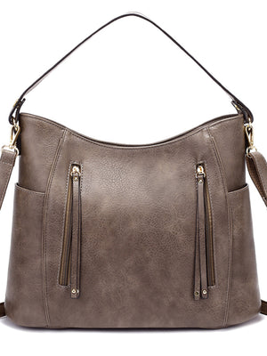 Leather Casual Shoulder Bag in Dark Gray with zipper pockets