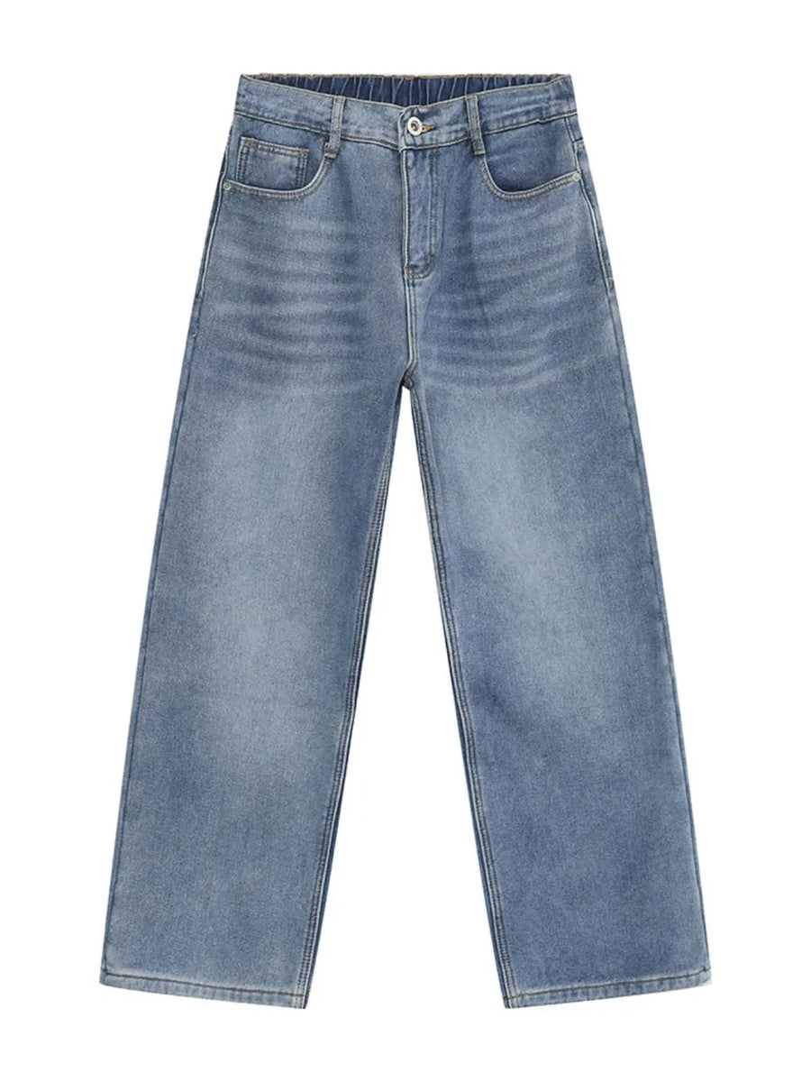 Light blue denim wide-leg jeans with a relaxed, baggy fit and elastic waistband.
